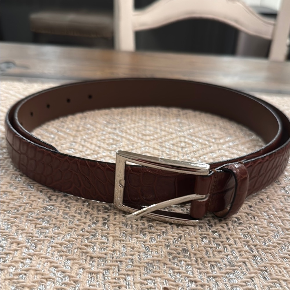 Genuine Italian Leather Brown Crocodile Embossed Belt with Silver Buckle